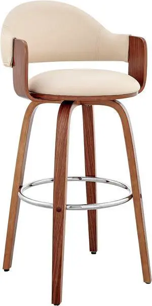 Armen Living Daxton Mid Century Modern Swivel Bar Stool for Kitchen Island Counter in Cream Faux Leather and Walnut Wood, 26" Seat Height