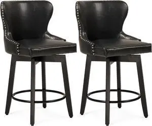 CUYOCA Swivel Bar Stools Counter Height with Rivet Trim Wing Backs & Wood Frame Legs, Upholstered Barstools Set of 2 for Kitchen Island Pub Bistro, Black CUYOCA Swivel Bar Stools Counter Height with Rivet Trim Wing Backs & Wood Frame Legs, Upholstered Barstools Set of 2 for Kitchen Island Pub Bistro, Black