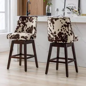 Counter Height Bar Stools Set of 2, Linen Fabric Swivel Kitchen Stool Chairs with Back Mid Century Modern Barstool with Distressed Wood Legs for Dining Bar, Cow