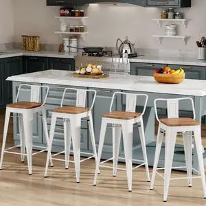 Changjie Furniture 30 Inch Bar Stools Set of 4 Industrial Metal Barstools Bar Height Bar Stool with Backs for Home Kitchen (30 inch, White)