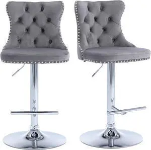Swivel Counter Height Bar Stools Set of 2, Gray Kitchen Island Barstools, Velvet Adjustable Bar Height Stool Chairs, Tufted Back, Silver Chrome Metal Base (Grey, Velvet, 2 Pcs)