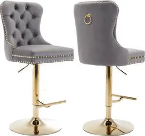 Grey Velvet Swivel Bar Stools Set of 2 with Upholstered Back, Adjustable Counter Height Barstools, Bar Chairs for Home Bar Kitchen Island Pub Restaurant (Velvet, 2 Pcs, Gray)