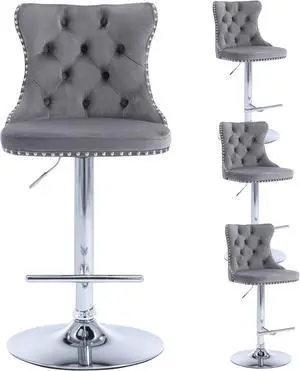 Modern Grey Velvet Bar Stools Set of 4, Adjustable Swivel Counter Height Bar Stools with Back, Upholstered Bar Height Chairs with Silver Footrest, Counter Stools for Kitchen Counter, Grey