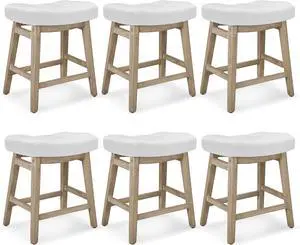 Counter Height White Bar Stools Set of 6 for Kitchen Counter Farmhouse Modern Barstools with Faux Leather Upholstered Backless Seat and Solid Wood Legs 24 inch Bar Chairs, White + Wood Color