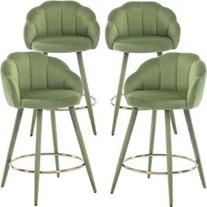 Velvet Counter Stools Set of 4 Modern 25.5" Counter Height Barstool with Petal Back & Gold Metal Ring Footrest Comfy Upholstered Bar Chairs for Home Bar/Kitchen Island/Restaurant, Olive