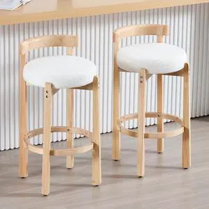 HEAH-YO Sherpa Bar Stools Set of 2, 30.25" Bar Height Stools with Back, Boucle Upholstered Barstools with Solid Wood Legs Tall Bar Chairs for Kitchen Island Dining Room, White