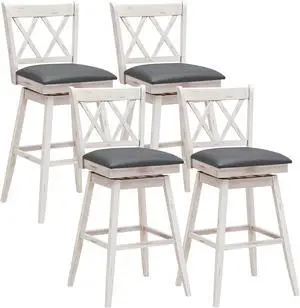 COSTWAY Bar Stool Set of 4, 360 ° Swivel Bar Height 29.5 inch Bar Stool with Foot Rest Upholstered Cushion & Ergonomic Backrest, Sturdy Frame, for Pub, Restaurant, Home (4, Antique White + Grey)