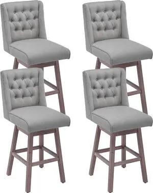 Modern Swivel Bar Stools with Backs Set of 4, 29 Inch Linen Fabric Upholstered Barstools with Solid Wood Legs, Button Tufted Bar Height Bar Stool with Back, Grey