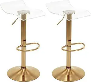 Brage Living Acrylic Bar Stools Set of 2, Backless Transparent Swivel Adjustable Airlift Barstools, Counter Height Bar Chairs for Kitchen Dining Room Pub Cafe (Clear, Gold Base)