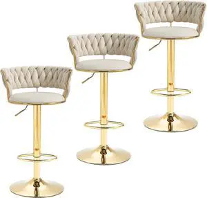 Modern Velvet Bar Stools Set of 3- 360° Swivel Adjustable Barstools Bar Counter Height Kitchen Stools for Island Sillas Para Barra De Cocina Upholstered Bar Chairs with Woven Back Ivory White and Gold