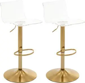 Brage Living Acrylic Bar Stools with Mid Back, Set of 2, Transparent Adjustable Swivel Airlift Barstools, Counter Height Bar Chairs for Kitchen Dining Pub Cafe (Clear, Gold Base)