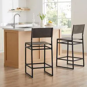 Watson & Whitely Faux Leather Counter Height Bar Stools Set of 2, Sling Armless Kitchen Barstools with Back and Metal Frame, 24" H Seat Height Counter Chairs, Grey