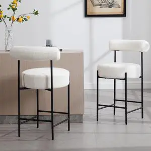 Modern Sherpa Bar Stools Set of 2 White Boucle Bar Stools with Back Upholstered Barstools 26'' Counter Stools with Black Metal Legs for Kitchen Island/Kitchen Counter/Bistro