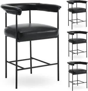 HEAH-YO Modern Faux Leather Bar Stools Set of 4, 26 Inches Counter Stools with Back PU Upholstered Barrel Barstools with Metal Legs Bar Chairs for Kitchen Island Dining Room Living Room Office, Black