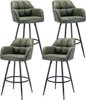 Leather Bar Stools Set of 4 Bar Height Stools with Backs Green Bar Chair for Kitchen Island Modern Barstools with Black Metal Legs, 30 Inch Bar Stools