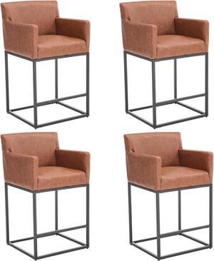 VESCASA Faux Leather Counter Height Bar Stools with Arms, Upholstered Counter Stools with 12.5" H Padded Back, Modern Island Chairs with Black Metal Frame for Kitchen Island, Set of 4, Brown