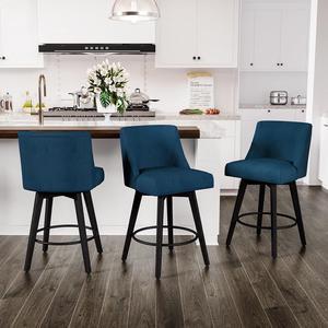 Counter Height Swivel Bar Stools Set of 3, 26 Inch Bar Stools with Footrest, Linen Fabric Upholstered Barstools with Back and Solid Wood Legs for Kitchen Island, Dining Room,Pub,Deep Blue