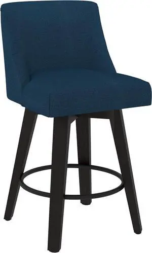 Counter Height Swivel Bar Stools, 26 Inch Bar Stools with Footrest, Linen Fabric Upholstered Barstools with Back and Solid Wood Legs for Kitchen Island, Dining Room,Pub,Deep Blue