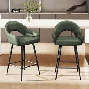 DUOMAY Swivel Counter Stools Set of 2, Modern 27" Low Bar Stools PU Upholstered Kitchen Island Chairs with Black Metal Legs for Home Kitchen Bistro Coffee Shop Restaurants, Green