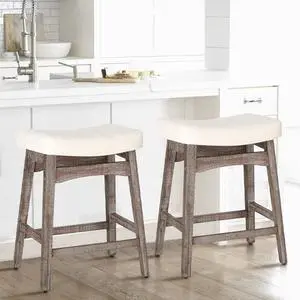 MAISON ARTS Counter Height Bar Stools Set of 2 for Kitchen Counter Solid Wood Legs with Fabric Saddle Seat Farmhouse Barstools for 34"-38" Counter Island Upholstered Stools, 24in, Creamy White