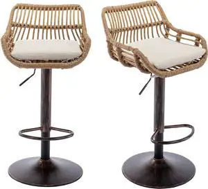 Kakotito Rattan Bar Stools, Adjustable Barstools with Linen Cushion, 360° Swivel Bar Stool with Low Back & Footrest, Classical Barstool Set of 2 for Kitchen and Bar (Brown)