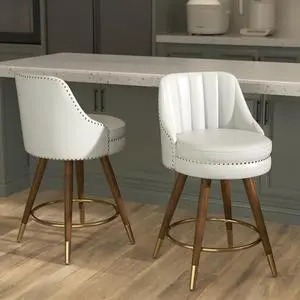 Counter Height Bar Stools Set of 2, 24" Leather Bar Stools with Backs, Swivel Counter Stools with Wooden Legs for Kitchen, Dining Room, Bar, Cream White