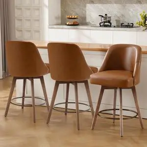 Counter Height Bar Stools Set of 3, Mid-Century Swivel Bar Chairs with Backs and Beech Wood Legs, 26 Inch Seat Height, PU Leather Upholstered Barstools for Kitchen Island, Bar, Pub, Brown