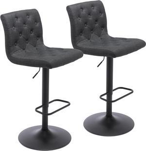 Brage Living Tufted Fabric Bar Stools Set of 2, Adjustable Swivel Counter Height Barstools with Back, Upholstered Armless Airlift Bar Chairs for Kitchen Dining Cafe (Charcoal Black, Black Base)