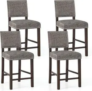 Giantex Bar Stools Set of 4, 26" Counter Height Stools w/Solid Rubber Wood Legs & Footrest, Modern Linen Fabric Bar Dining Chairs, Rivet Upholstered Barstools for Kitchen Island, Dining Room, Grey