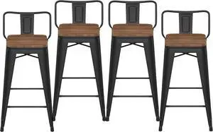 HAOBO Home 24" Low Back Metal Counter Stool Height Bar Stools with Wooden Seat [Set of 4] Barstools, Matte Black