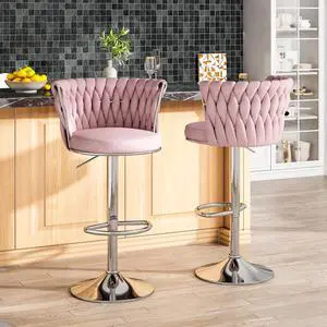 AWQM Velvet Bar Stool Set of 2,Counter Height Barstools Adjustable Kitchen Island Chairs,Swivel Bar Stools Upholstered Bar Chairs Counter Stool Armless Chairs with Back & Footrest, Pink