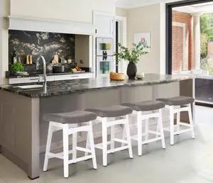 White Solid Wood Bar Stools Set of 4 for Kitchen Counter Height Barstools with Faux Leather Saddle Seat Farmhouse Upholstered Stools for 34"-38" Counter Island, Grey Cushion & White Legs