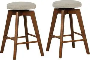COSTWAY Swivel Bar Stools Set of 2, 26-inch Backless Counter Height Bar Chairs with Rubber Wood Legs, Linen Fabric Seat, Footrest, Modern Counter Stools for Kitchen Island, Pub, Dining, Beige+Brown