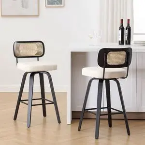 Swivel Bar Height Stools Set of 2, Upholstered Faux Leather Barstools with Rattan Back, 29" Seat Height Tall Bar Stools for Kitchen Counter, Black Wood Frame, Cream White
