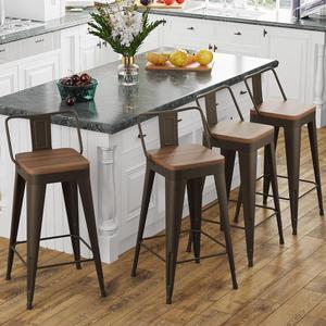 Bar Stools Set of 4 Metal Bar Stool Counter Height Bar Stools Rusty, Modern 24" Bar Chairs with Back and Wooden Seat Bar Stools Counter Height