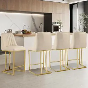 LSSBOUGHT Counter Height Bar Stools Set of 4 24'' Upholstered Padded Barstools with Back Leathaire Counter stools for Kitchen Island Chairs with Gold Metal Iron Frame, Beige