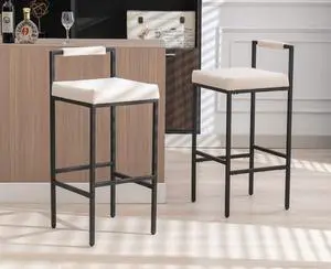 EALSON Modern Bar Stools Set of 2 Linen Upholstered Bar Height Barstools with Low Back and Metal Frame 30 Inch Couter Tall Bar Chairs Industrial Island Chairs for Kitchen/Pub, Beige