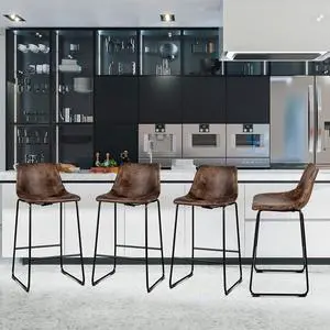 ERGOMASTER Bar Stools Set of 4 Modern 30 Inch Bar Height Chairs Leather Barstools with Back and Sturdy Metal Legs for Kitchen Island Home Bar (Brown)