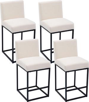 27" Counter Height Bar Stools Set of 4, Linen Upholstered Kitchen Island Stools with Padded Back and Black Metal Frame for Counter Island, Cream