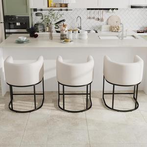Modern Counter Height Linen Upholstered Bar Stools Set of 3, 24" Kitchen Counter Island Stools Bar Chairs with Black Metal Frame, Cream