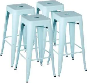 JUMMICO 30 Inches Metal Bar Stools Industrial Barstools Stackable High Backless Stools Vintage Indoor Outdoor Stackable Kitchen Stools Set of 4 (Blue)