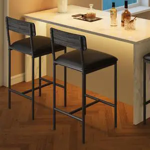 Bar Stools Set of 2, Upholstered Bar Chairs with Back, 25.5 Inches Kitchen Bar Stools with Footrest, Thick Cushion, Counter Height Barstools for Island, Counter Bar, Easy Assembly, Rustic Grey