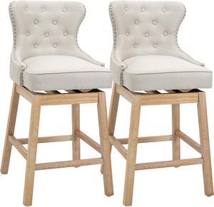 HOMCOM Upholstered Fabric Bar Height Bar Stools, 180° Swivel Nailhead-Trim Pub Chairs, 30" Seat Height with Rubber Wood Legs, Set of 2, Cream