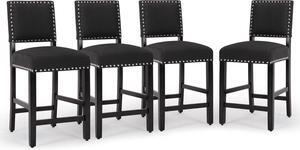 DAGONHIL 24 inch Bar Stools, Counter Height Stools, Fabric Upholstered Barstools with Back and Wood Legs, Armless Dining Chairs with Silver Copper Nail for Kitchen Island-Set of 4 (Black)