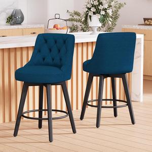 Bar Stools Set of 2, 26" H Counter Height Upholstered Barstools with Back and Solid Wood Legs for Kitchen Island, Modern Bar Stools in Performance Fabric, Navy