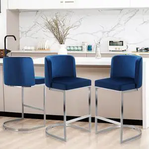 Counter Height 26" Bar Stools Set of 3 Modern Velvet Barstools with Back and C-Shaped Metal Frame, Upholstered Bar Chairs Counter Stool for Kitchen Island, Home Bar, Pub, Blue