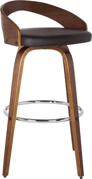 Armen Living Sonia 26" Seat Height Mid Century Modern Swivel Bar Stool for Kitchen Island Counter in Brown Faux Leather and Walnut Wood