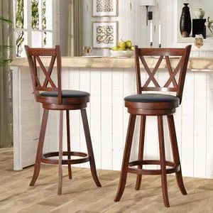 29" Bar Height Swivel Bar Stools - High Back Swivel Barstools with Upholstered Seat & Solid Wood Footrest, Counter Bar Chairs for Kitchen Island & Pub (Brown, Set of 2)