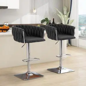 Swivel Bar Stools Set of 2, Counter Height Bar Stool Chairs Island Stools, Adjustable Boucle Fabric Barstools Dining Chair 360 Degree Swivel Bar Chairs for Kitchen Island Pub Living Room, Black