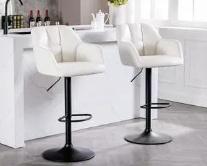 Modern Counter Height PU Leather Bar Stools Set of 2, Barrel Swivel Counter Stools with Backs and Arms Upholstered Bar Height Chairs with Metal Base, Adjustable Barstools for Kitchen Island, Beige